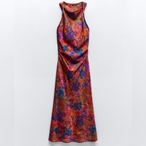 Zara Floral Multicolored Satin Effect Maxi Elegant or Casual Dress Size Large